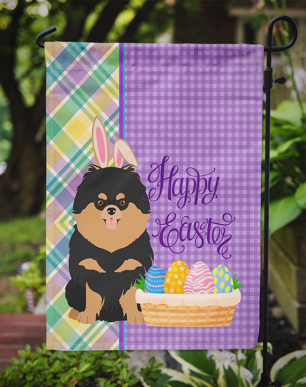 Black and Tan Pomeranian Easter Flag Garden Size  the-store.com.