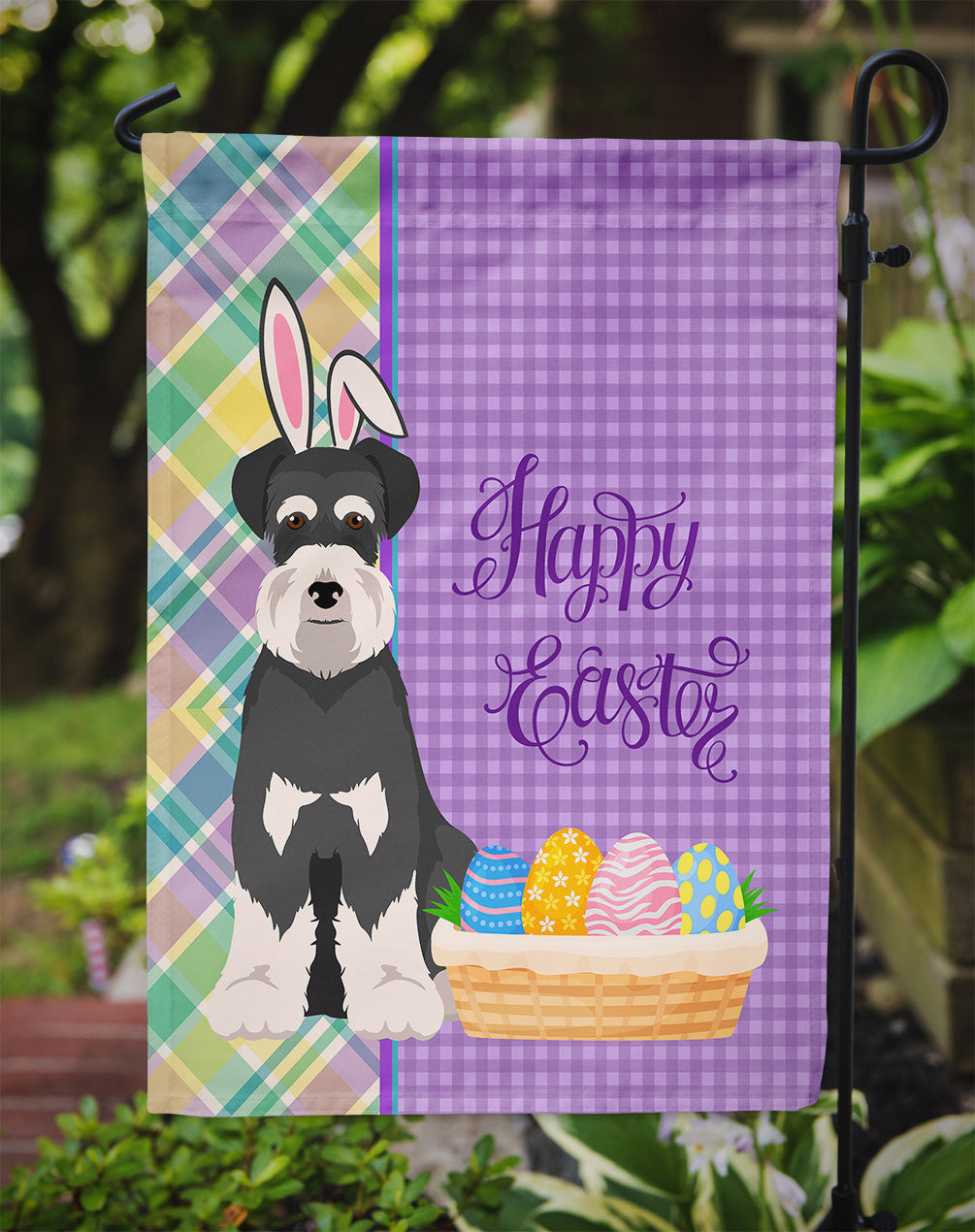 Black and Silver Natural Ears Schnauzer Easter Flag Garden Size  the-store.com.
