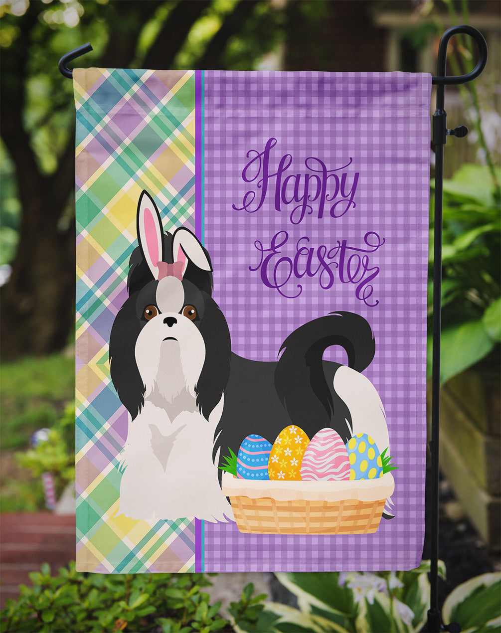 Black and White Shih Tzu Easter Flag Garden Size  the-store.com.