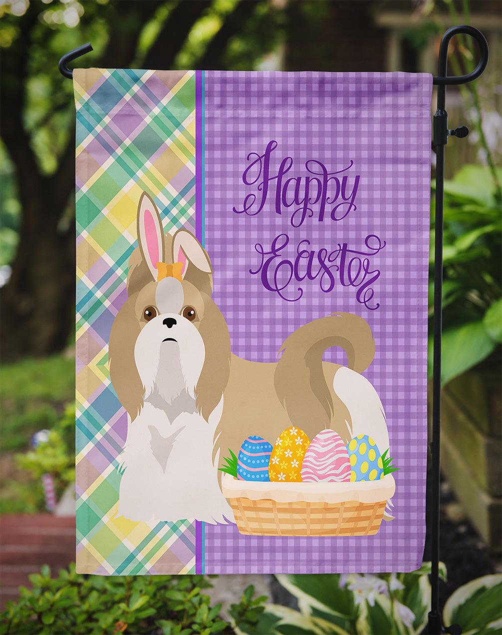 Gold and White Shih Tzu Easter Flag Garden Size