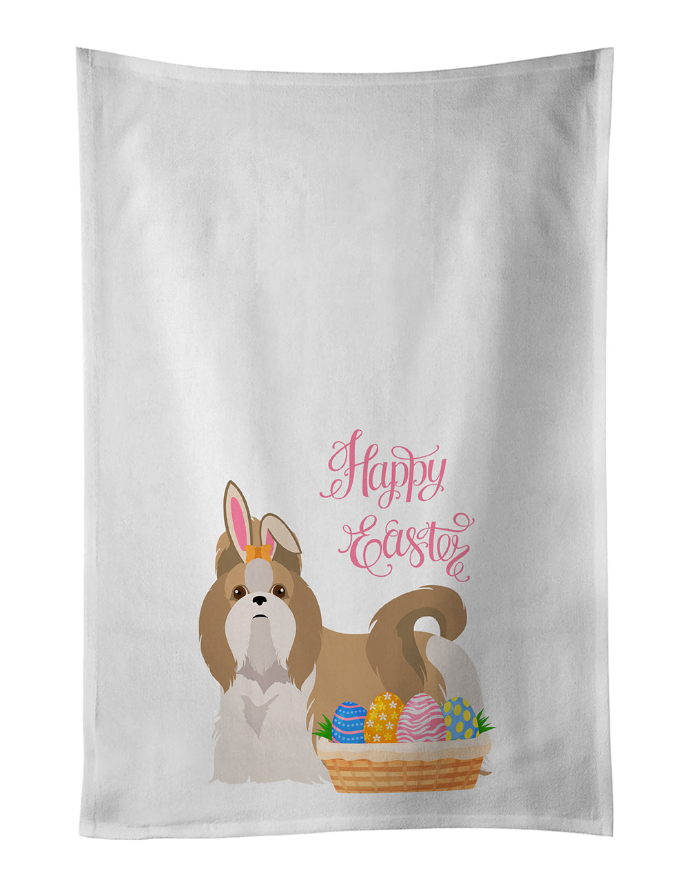 Buy this Gold and White Shih Tzu Easter White Kitchen Towel Set of 2 Dish Towels
