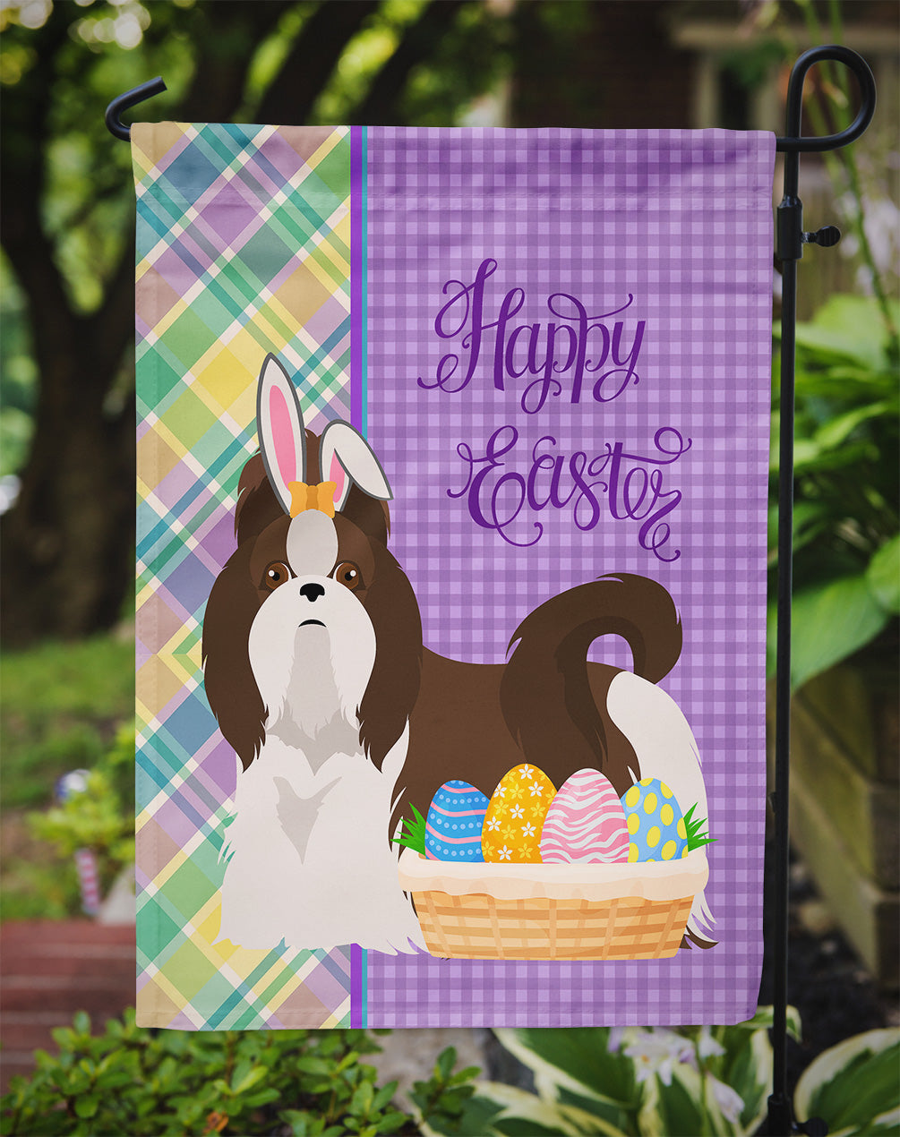 Liver and White Shih Tzu Easter Flag Garden Size  the-store.com.