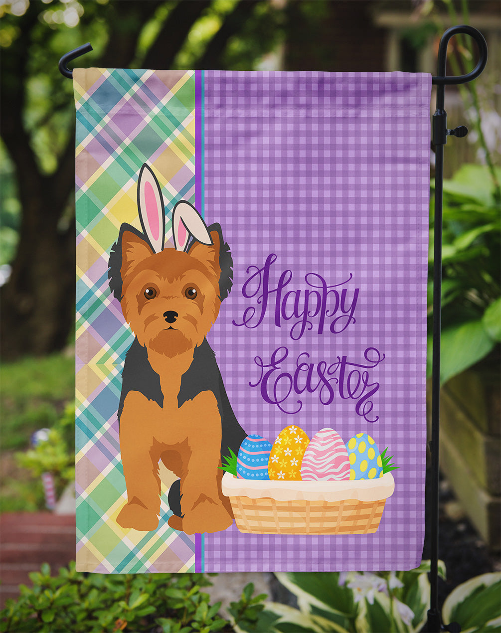 Black and Tan Puppy Cut Yorkshire Terrier Easter Flag Garden Size  the-store.com.