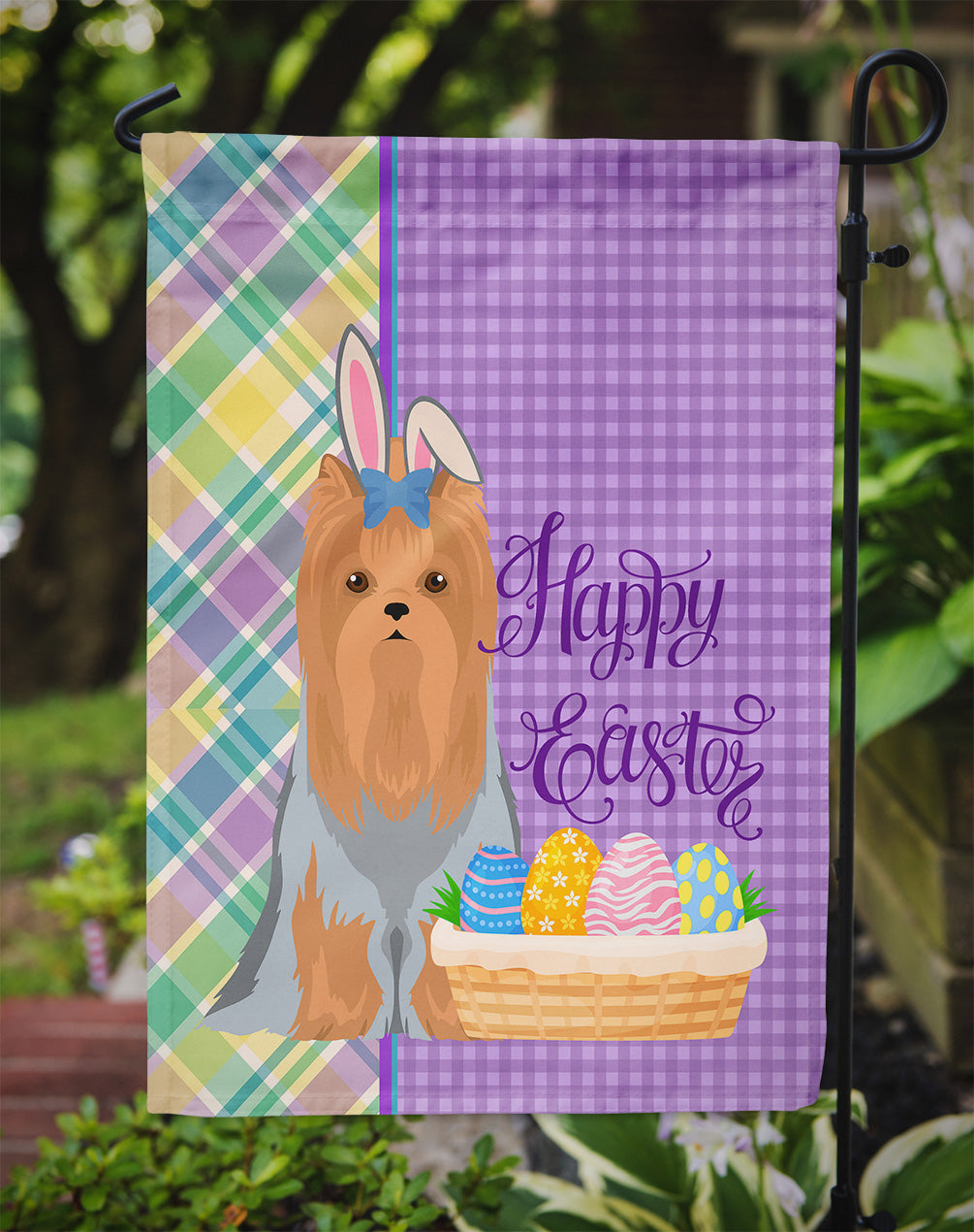 Blue and Tan Full Coat Yorkshire Terrier Easter Flag Garden Size  the-store.com.