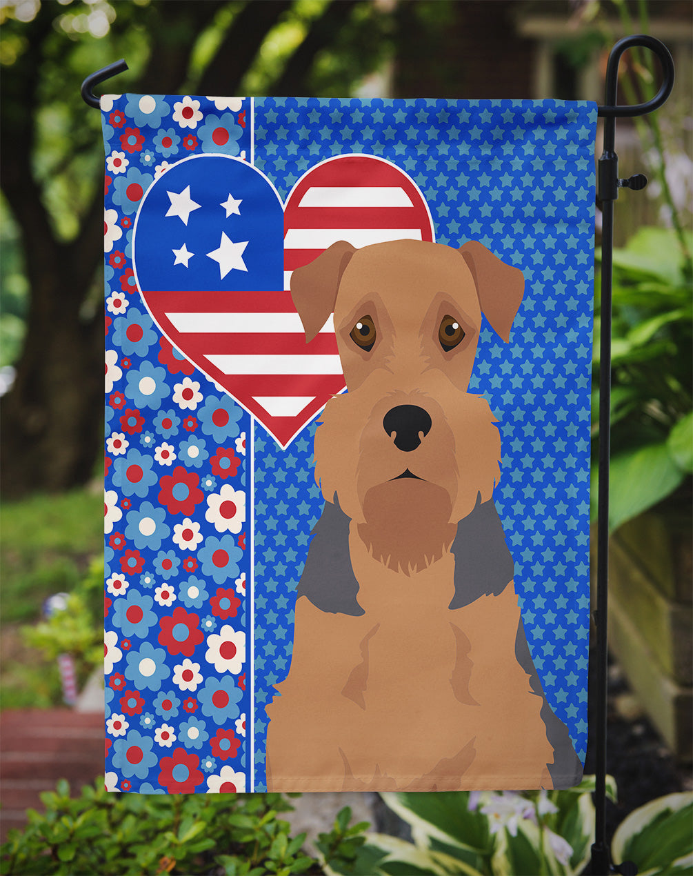 Grizzle and Tan Airedale Terrier USA American Flag Garden Size  the-store.com.