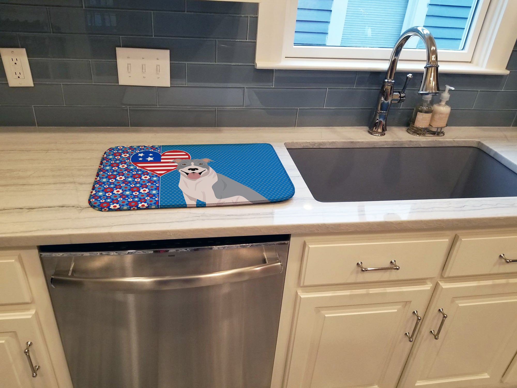 Blue and White Pit Bull Terrier USA American Dish Drying Mat