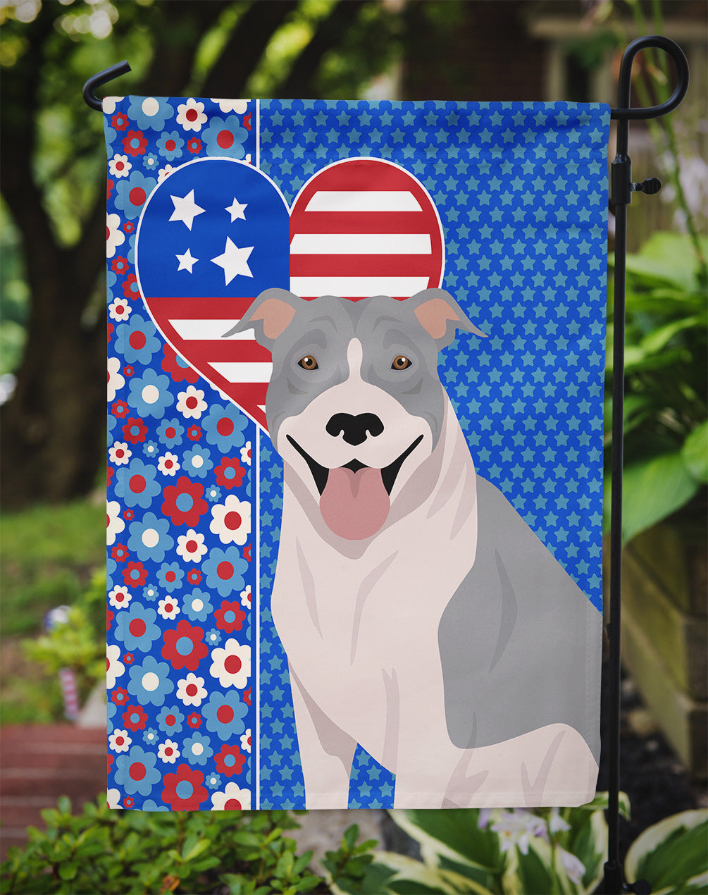 Blue and White Pit Bull Terrier USA American Flag Garden Size