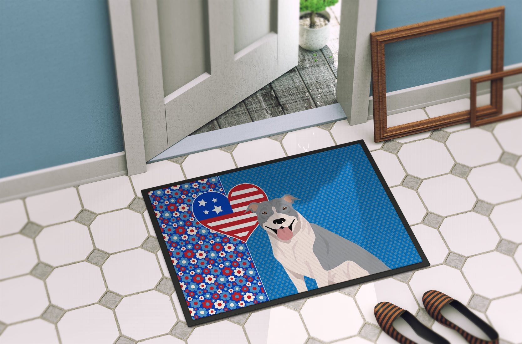 Blue and White Pit Bull Terrier USA American Indoor or Outdoor Mat 24x36 - the-store.com