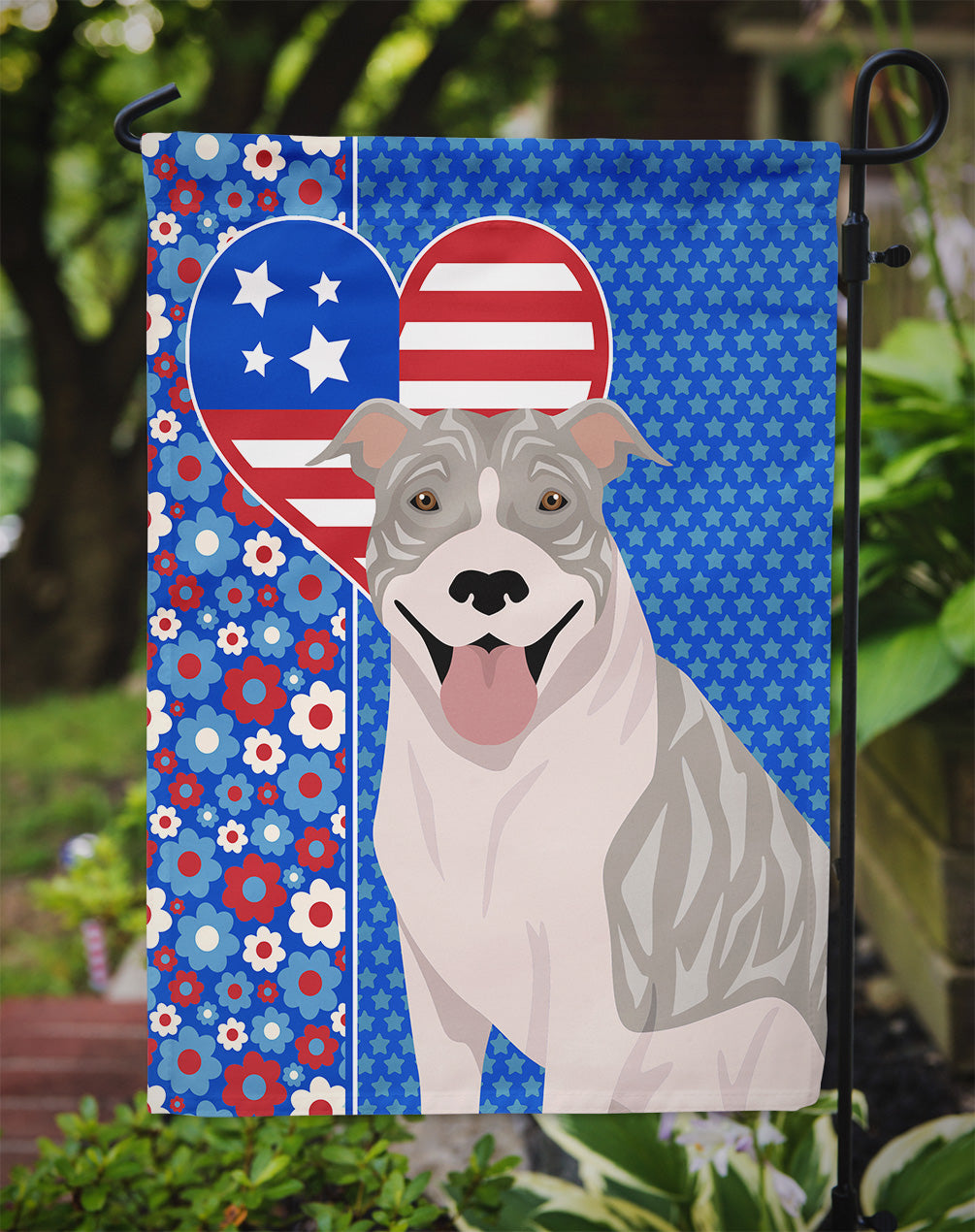 Blue Brindle Pit Bull Terrier USA American Flag Garden Size  the-store.com.