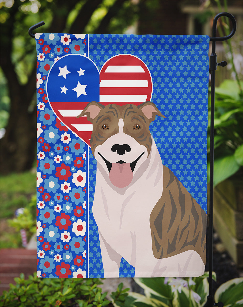 Fawn Brindle Pit Bull Terrier USA American Flag Garden Size  the-store.com.