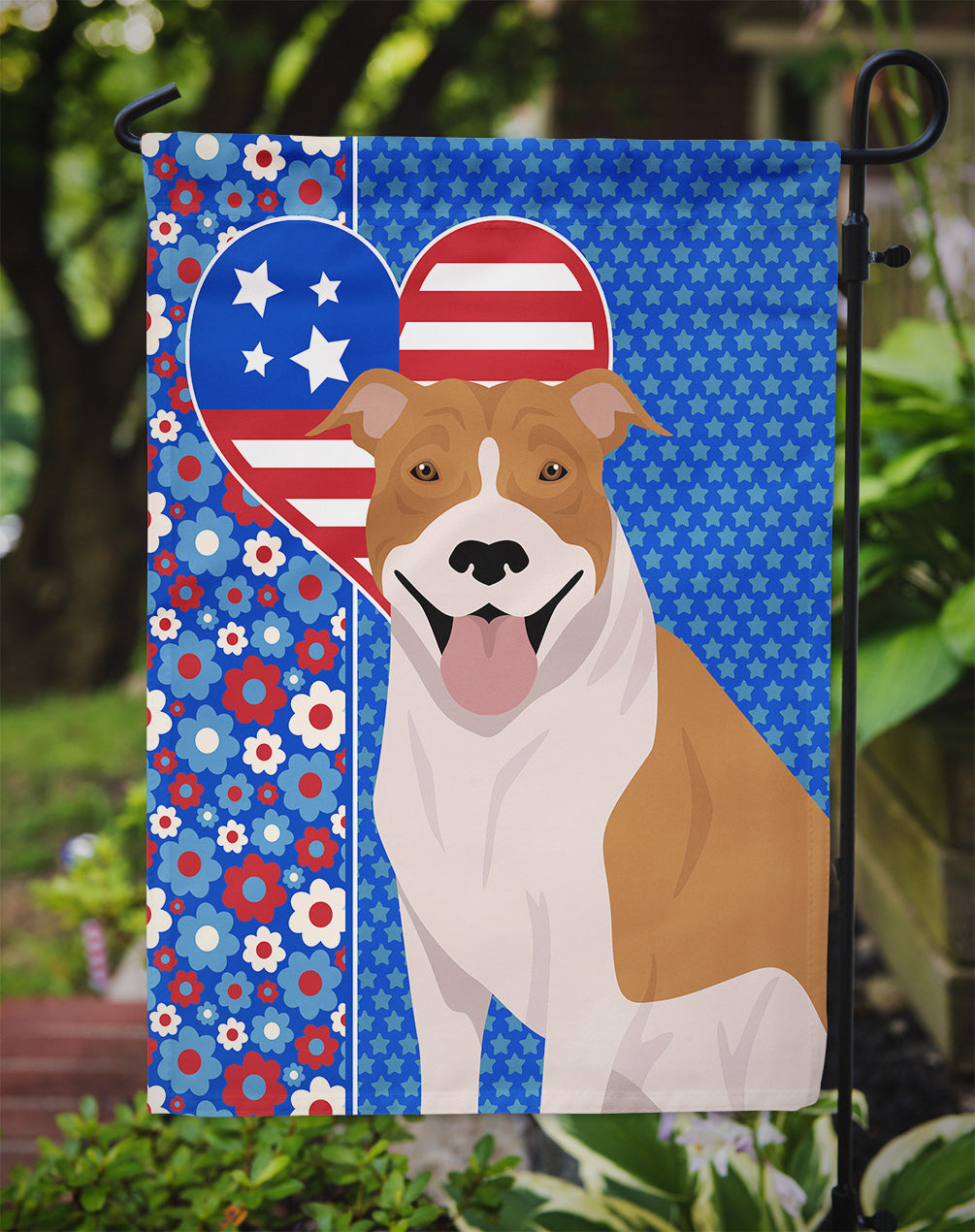 Red and White Pit Bull Terrier USA American Flag Garden Size
