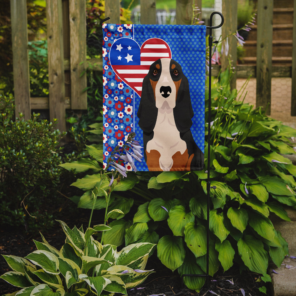 Black Tricolor Basset Hound USA American Flag Garden Size