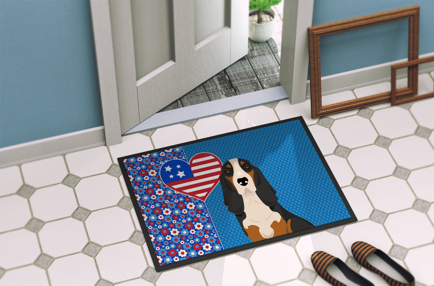 Black Tricolor Basset Hound USA American Indoor or Outdoor Mat 24x36 - the-store.com