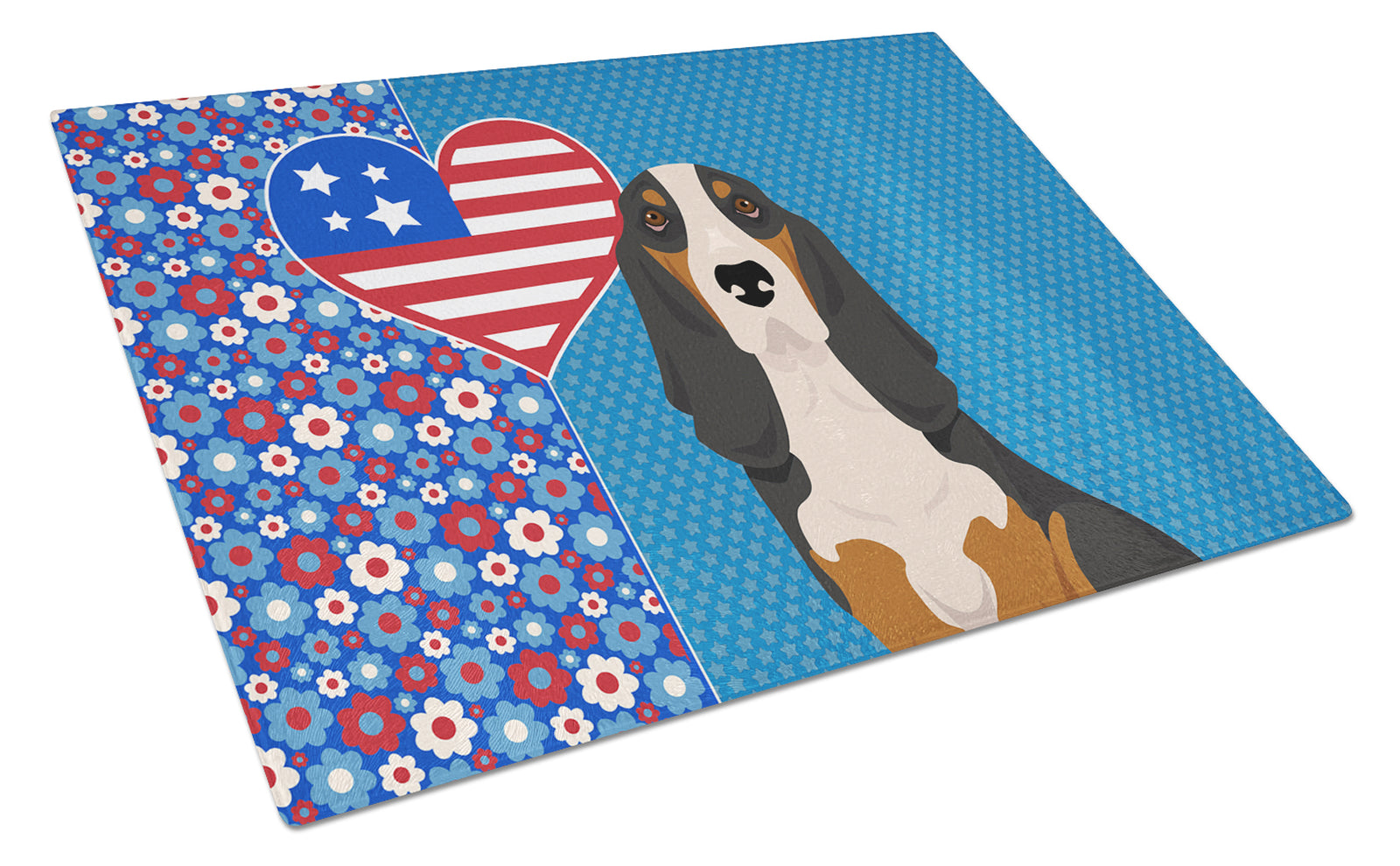 Buy this Black Tricolor Basset Hound USA American Glass Cutting Board Large