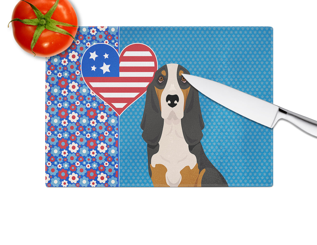 Black Tricolor Basset Hound USA American Glass Cutting Board Large - the-store.com