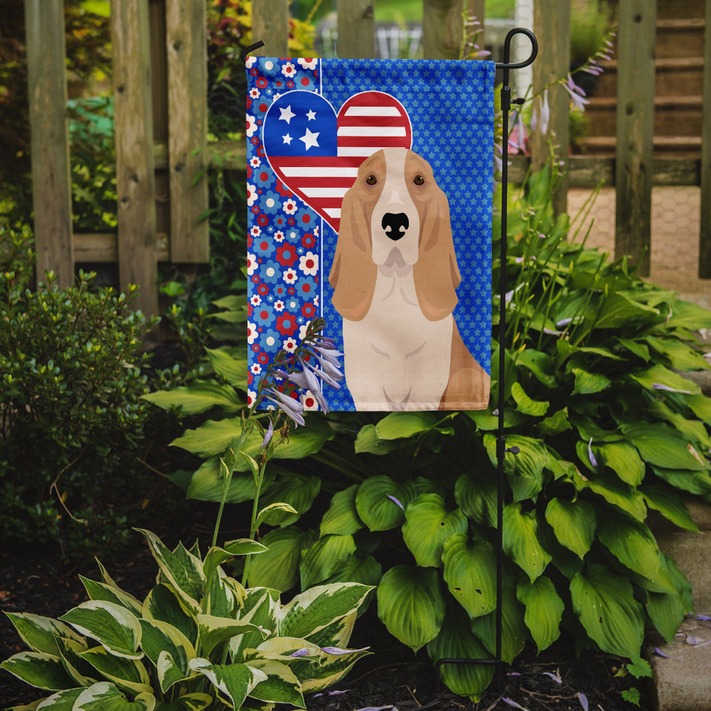 Lemon and White Tricolor Basset Hound USA American Flag Garden Size  the-store.com.