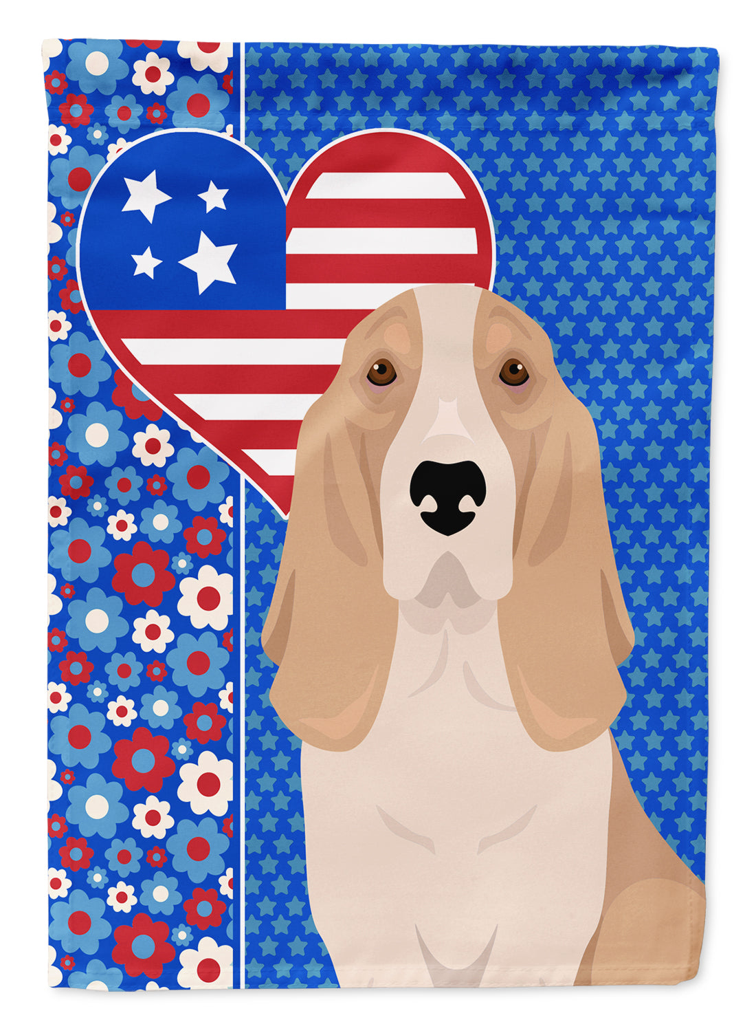 Lemon and White Tricolor Basset Hound USA American Flag Garden Size  the-store.com.