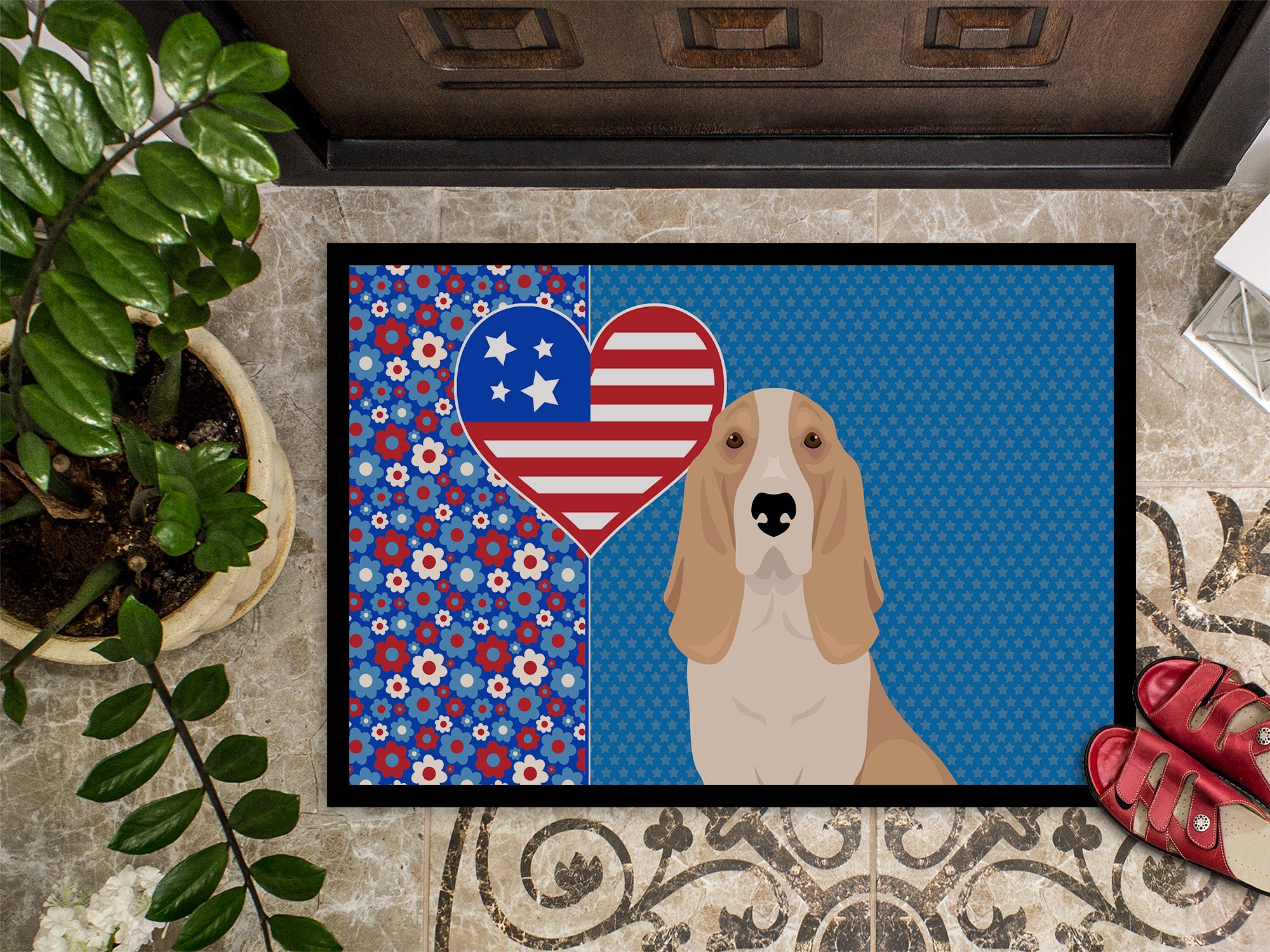Lemon and White Tricolor Basset Hound USA American Indoor or Outdoor Mat 24x36 - the-store.com