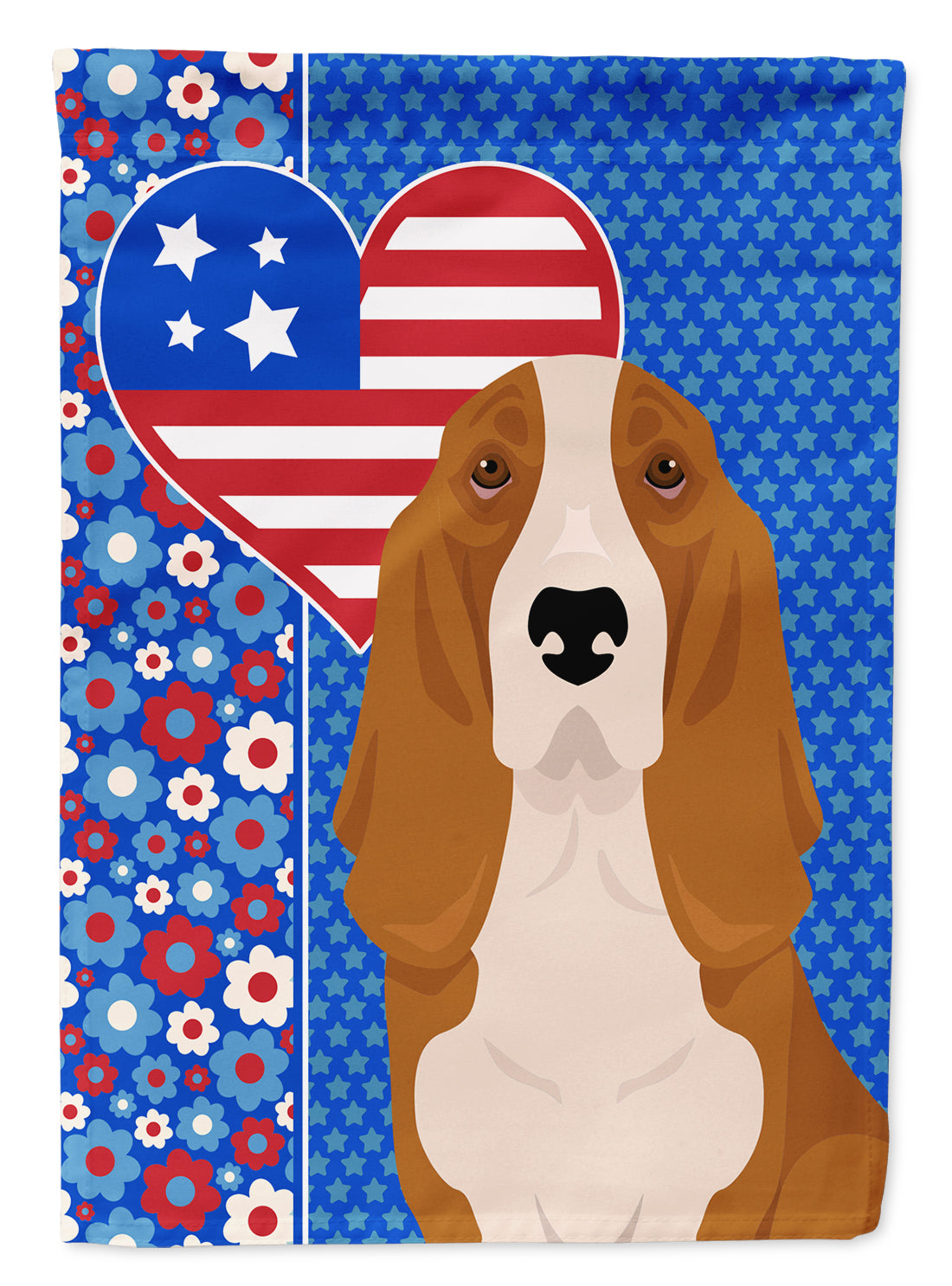Red and White Tricolor Basset Hound USA American Flag Garden Size  the-store.com.