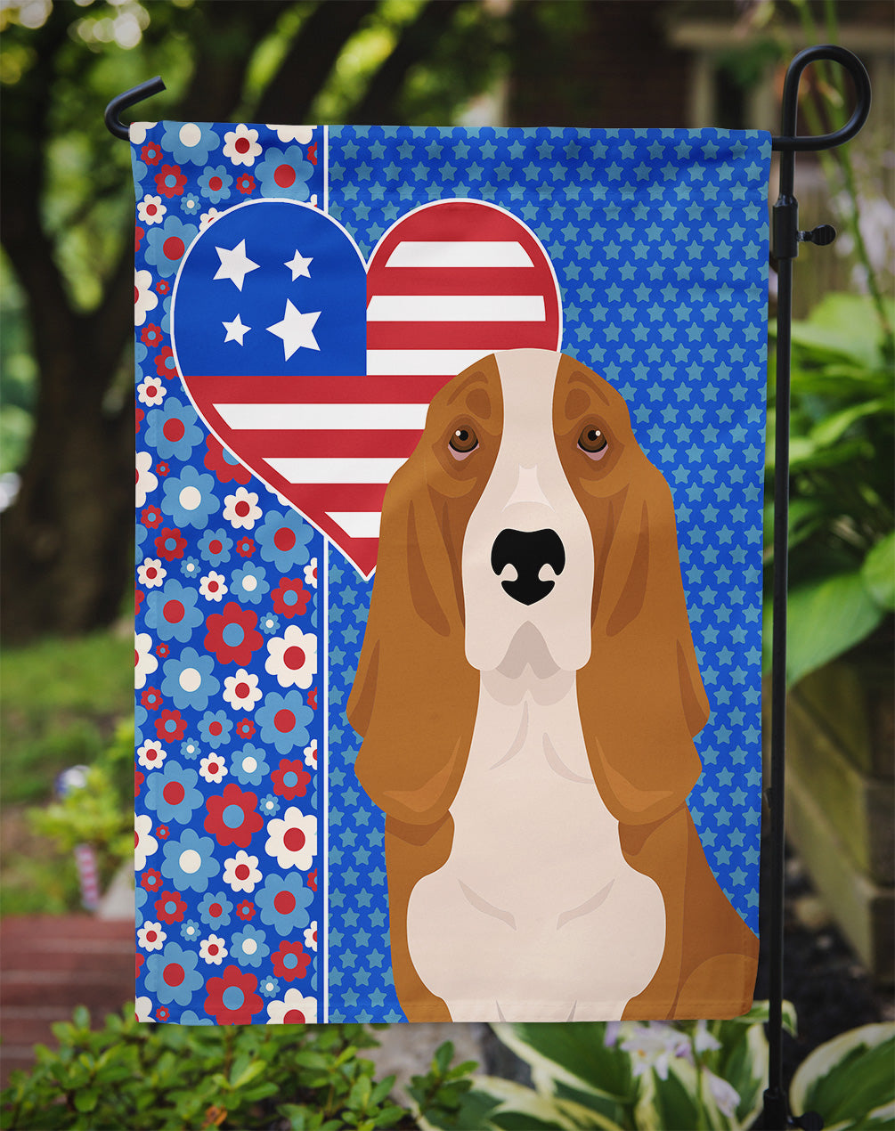Red and White Tricolor Basset Hound USA American Flag Garden Size  the-store.com.
