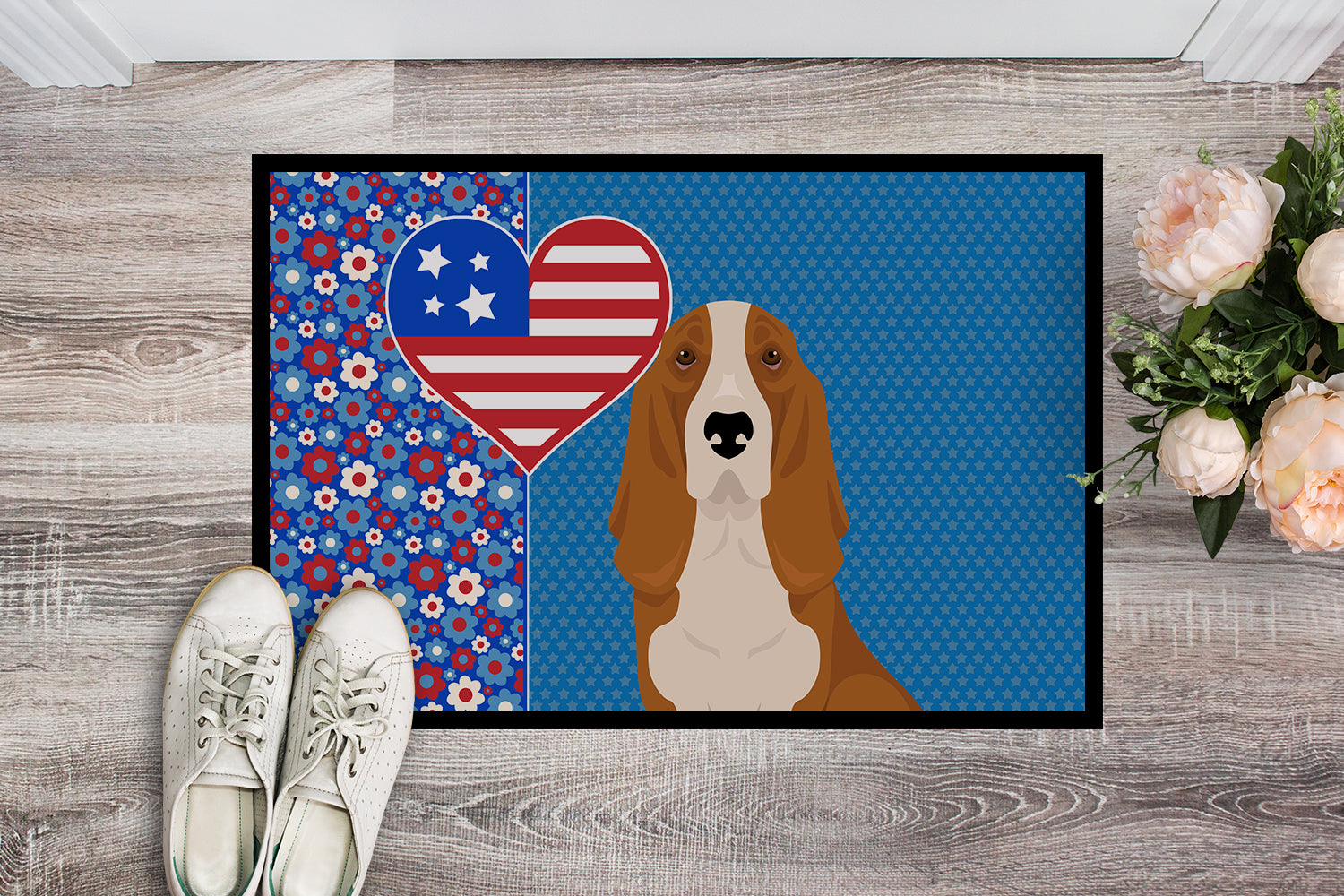 Red and White Tricolor Basset Hound USA American Indoor or Outdoor Mat 24x36 - the-store.com