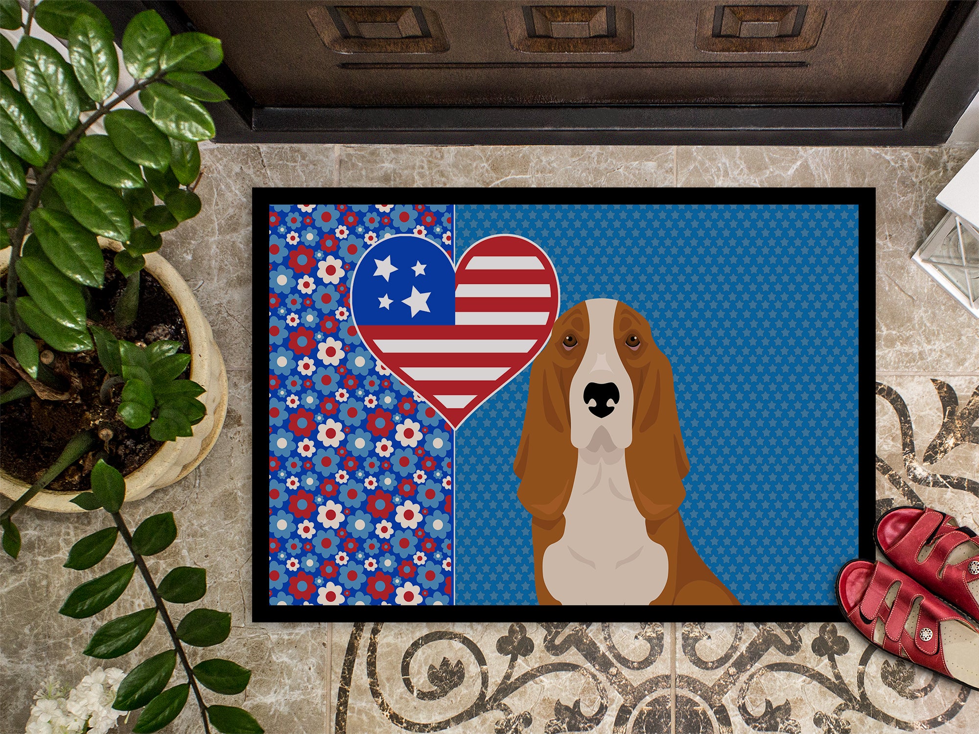 Red and White Tricolor Basset Hound USA American Indoor or Outdoor Mat 24x36 - the-store.com