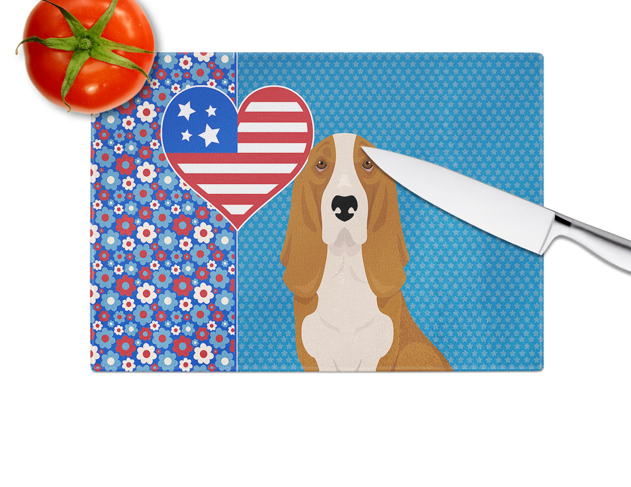 Red and White Tricolor Basset Hound USA American Glass Cutting Board Large - the-store.com