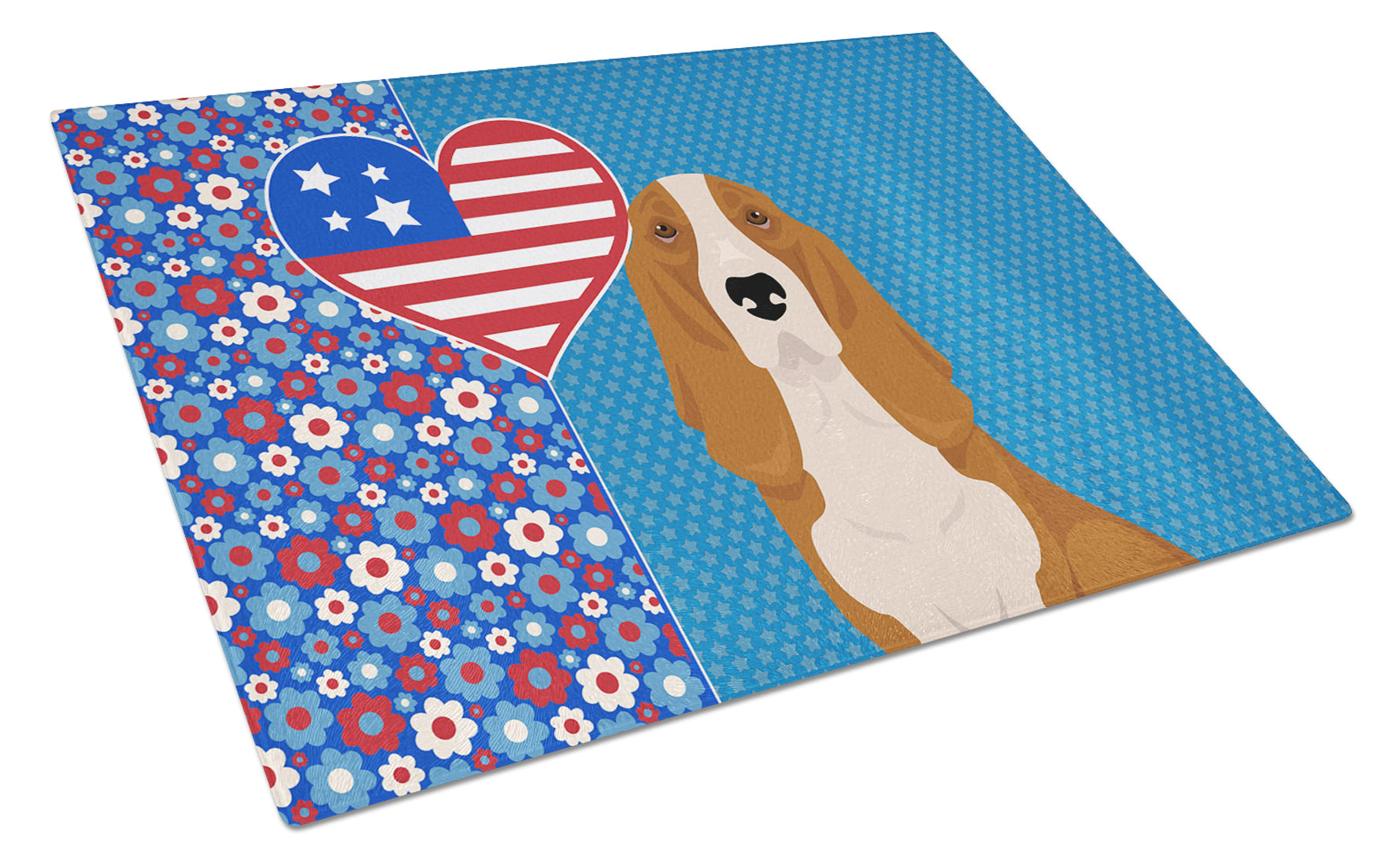 Buy this Red and White Tricolor Basset Hound USA American Glass Cutting Board Large