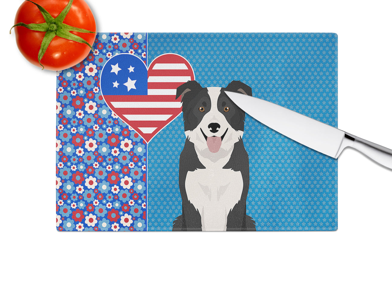 Black and White Border Collie USA American Glass Cutting Board Large - the-store.com