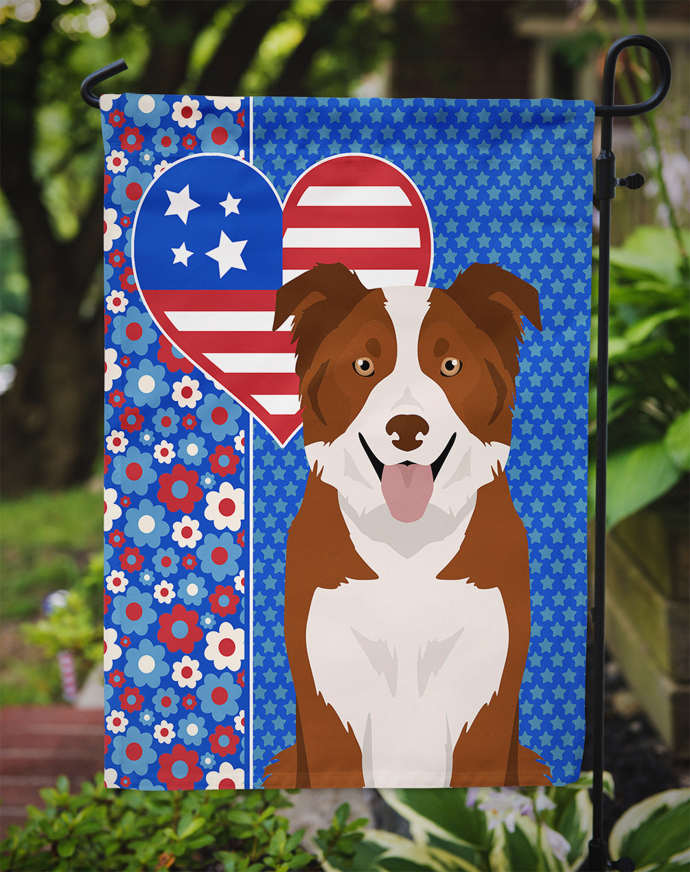 Red and White Border Collie USA American Flag Garden Size  the-store.com.