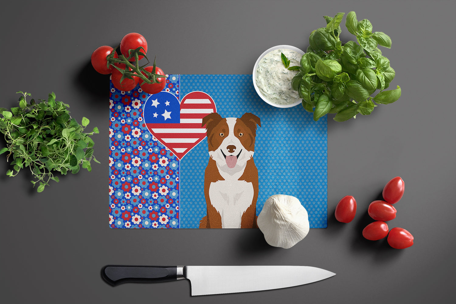 Red and White Border Collie USA American Glass Cutting Board Large - the-store.com