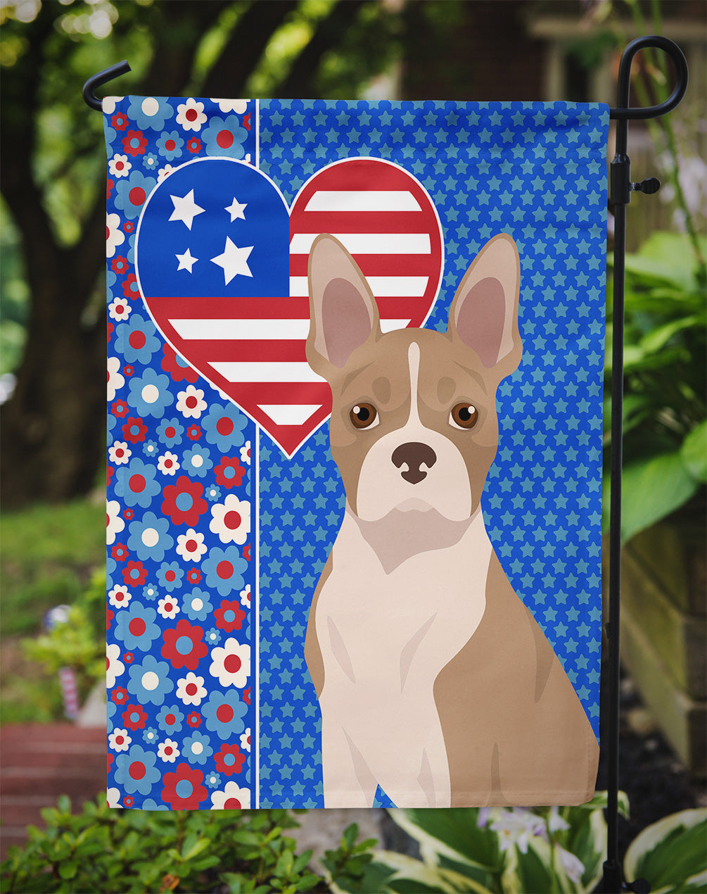 Fawn Boston Terrier USA American Flag Garden Size