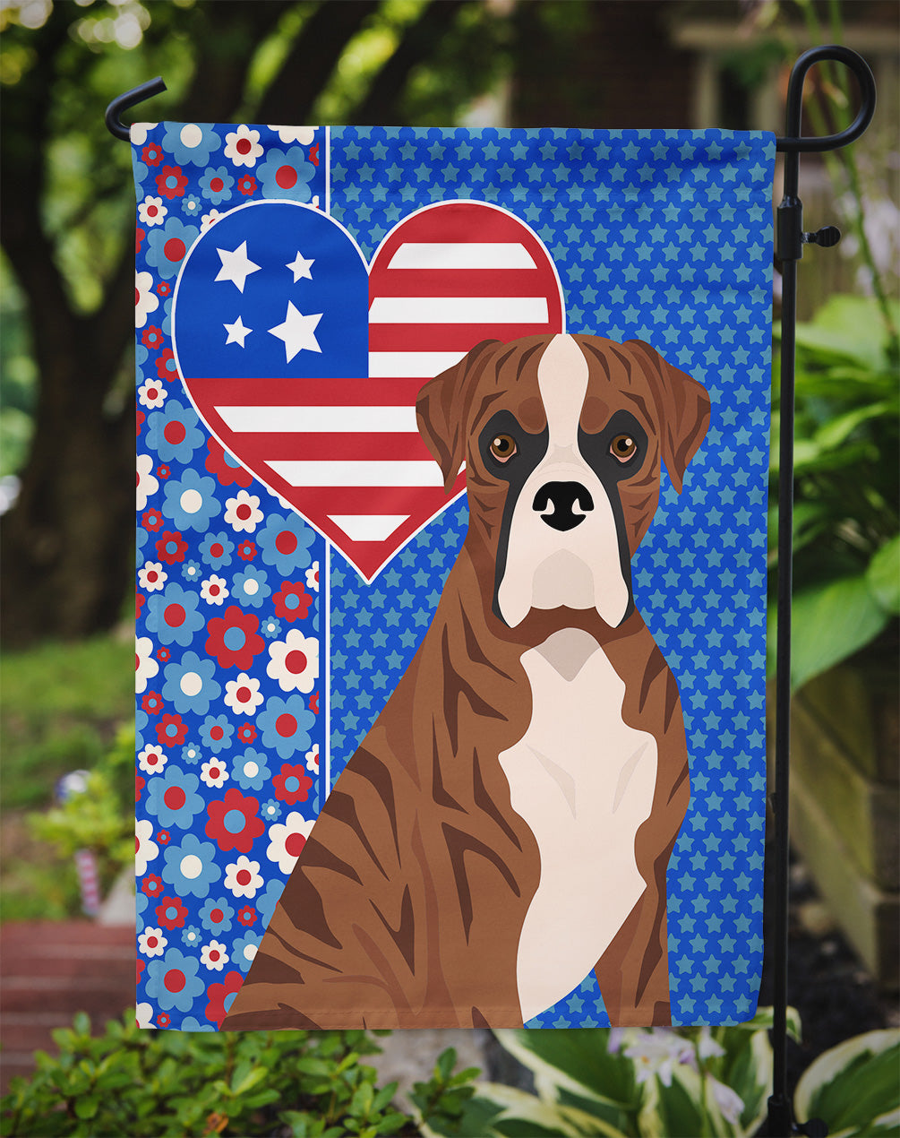 Natural Eared Red Brindle Boxer USA American Flag Garden Size  the-store.com.