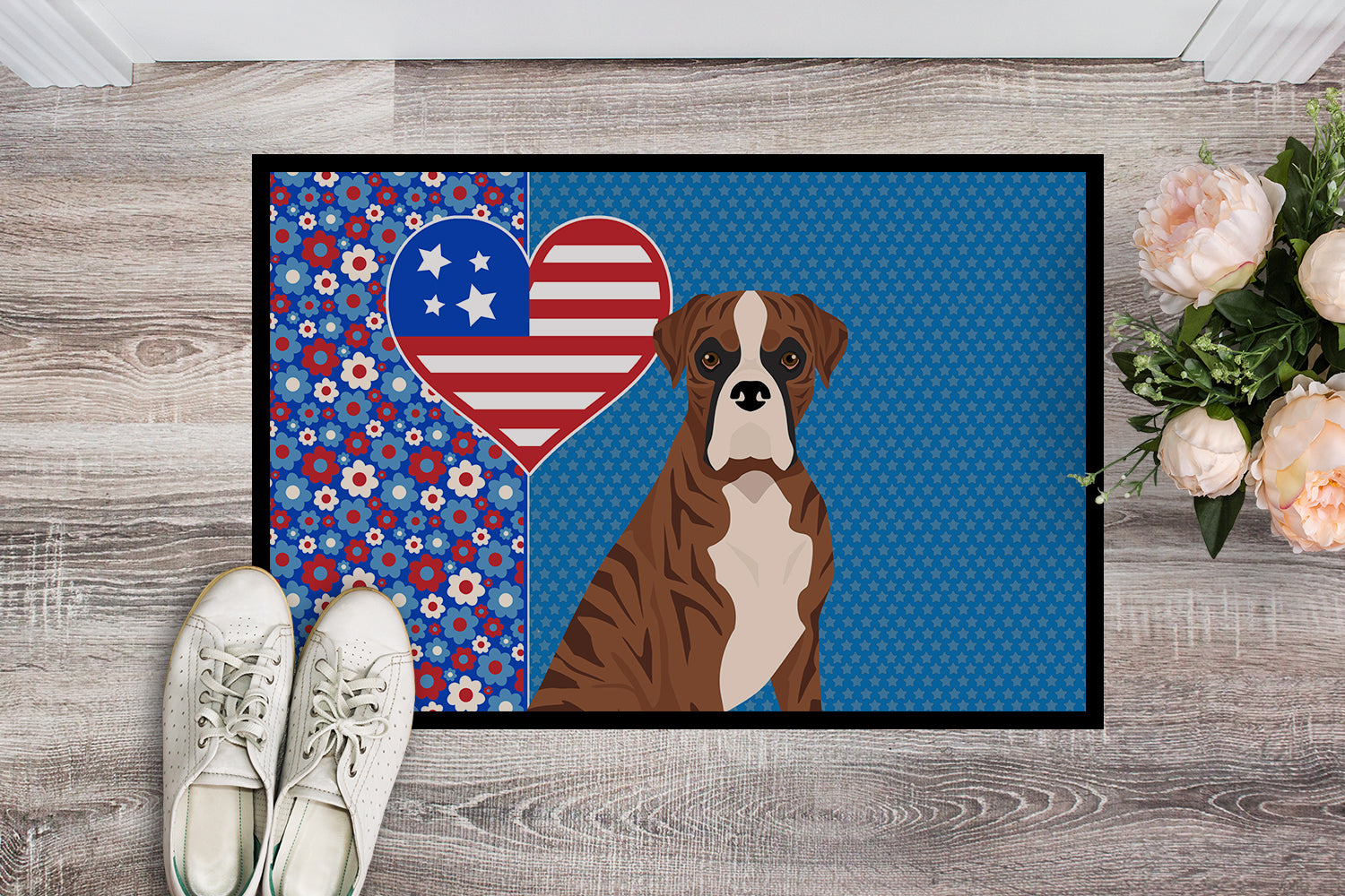 Buy this Natural Eared Red Brindle Boxer USA American Indoor or Outdoor Mat 24x36