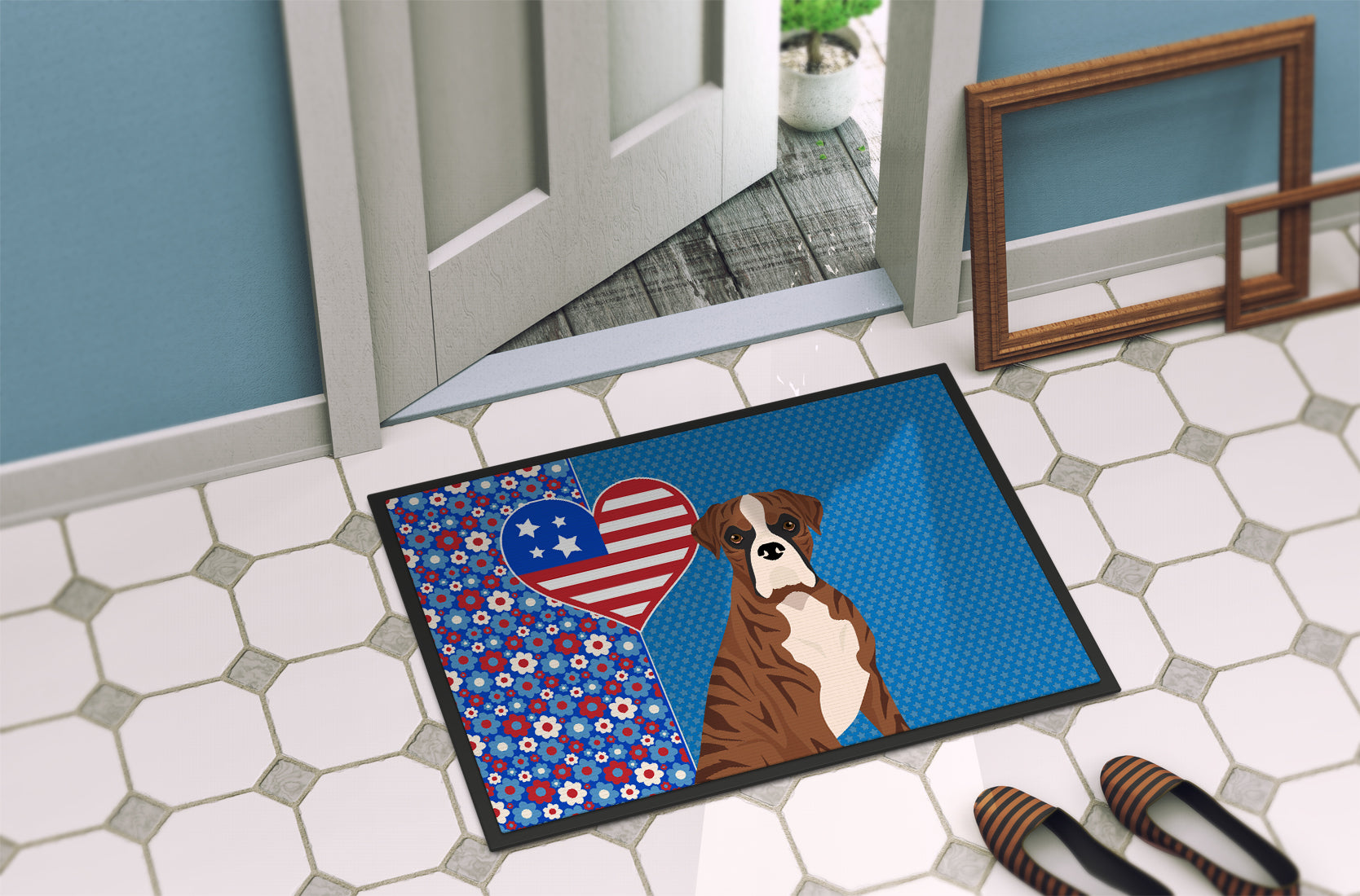 Natural Eared Red Brindle Boxer USA American Indoor or Outdoor Mat 24x36 - the-store.com