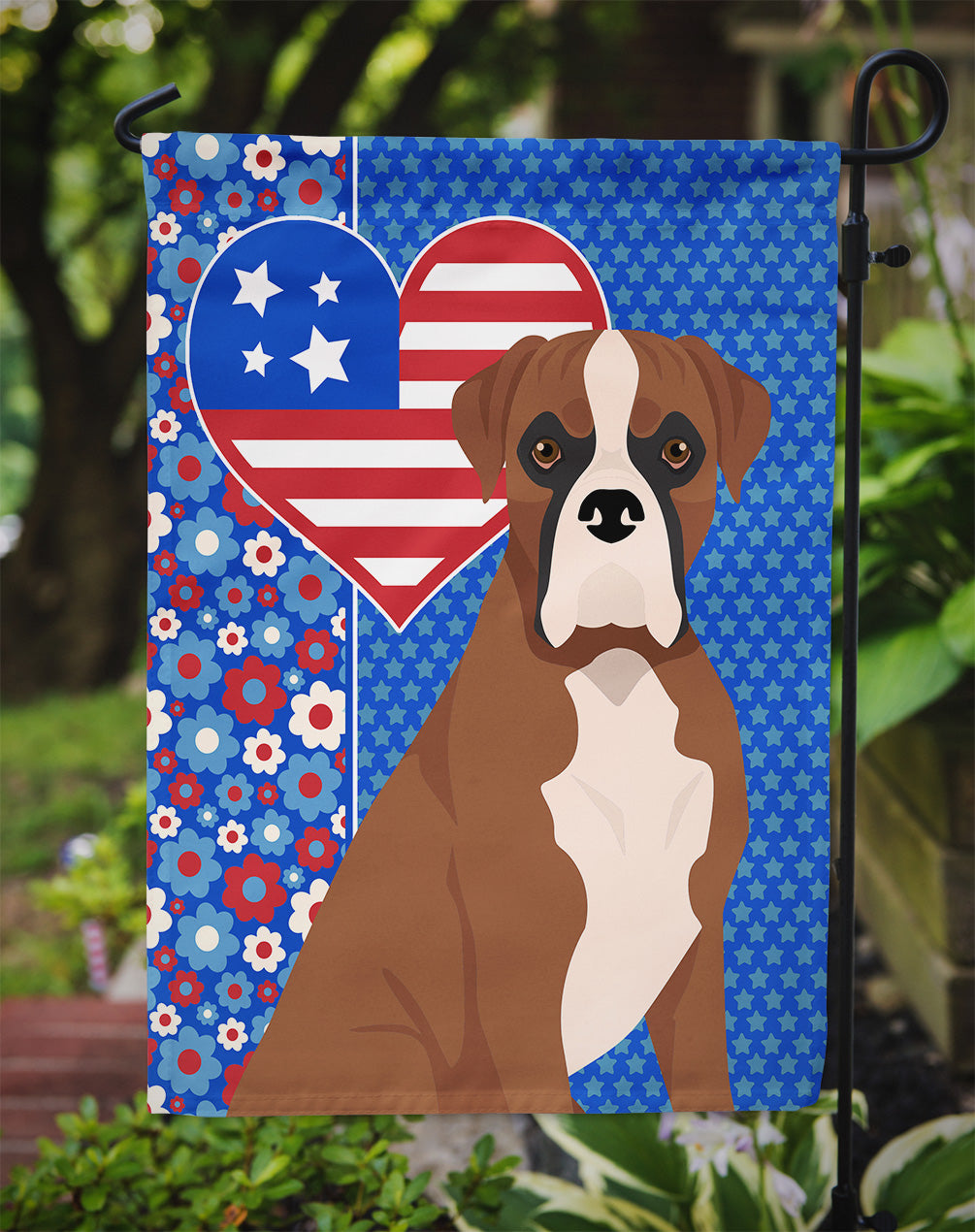 Natural Eared Red Fawn Boxer USA American Flag Garden Size