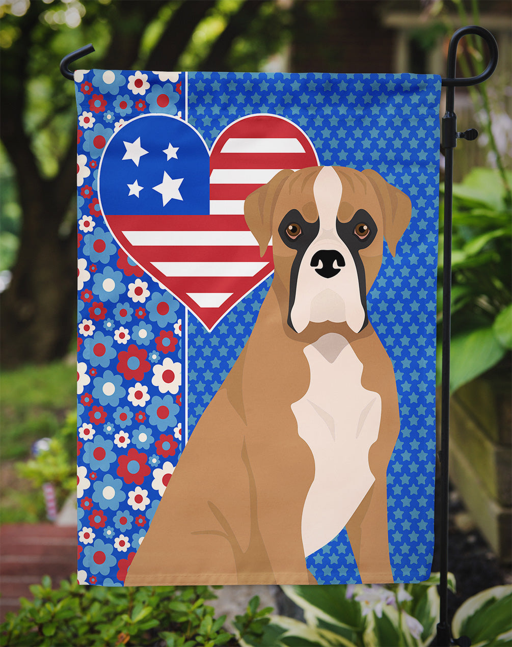 Natural Eared Fawn Boxer USA American Flag Garden Size  the-store.com.