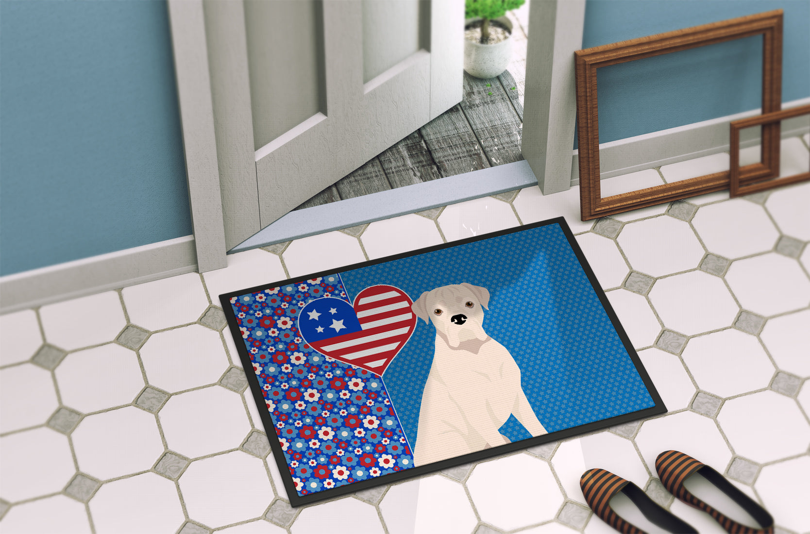 Natural Eared White Boxer USA American Indoor or Outdoor Mat 24x36 - the-store.com