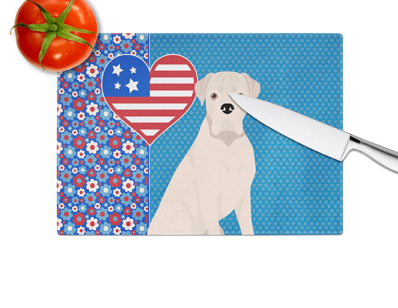 Natural Eared White Boxer USA American Glass Cutting Board Large - the-store.com