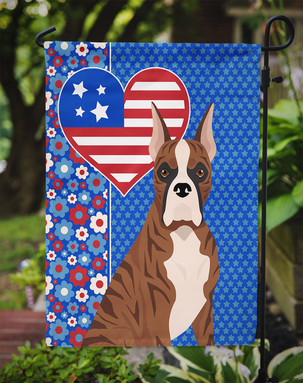 Red Brindle Boxer USA American Flag Garden Size  the-store.com.