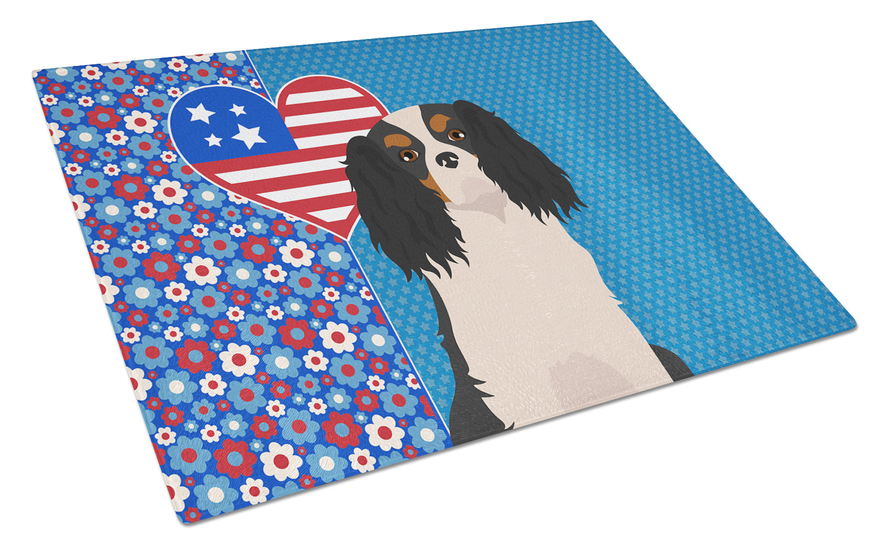 Buy this Tricolor Cavalier Spaniel USA American Glass Cutting Board Large