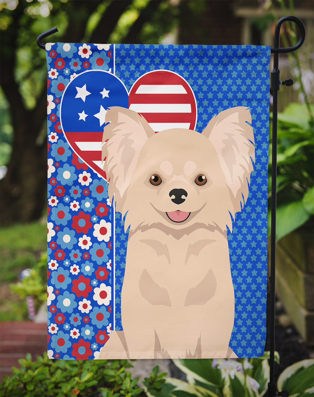 Longhaired Cream Chihuahua USA American Flag Garden Size  the-store.com.