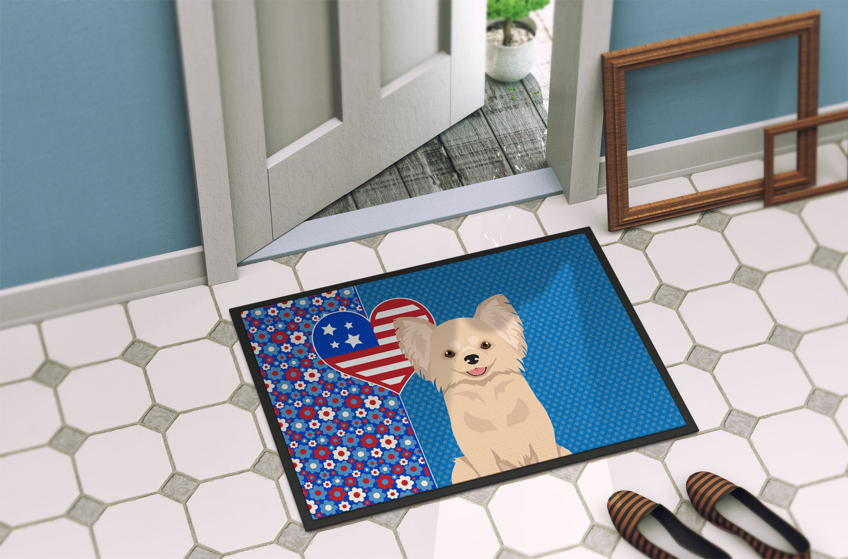 Longhaired Cream Chihuahua USA American Indoor or Outdoor Mat 24x36 - the-store.com