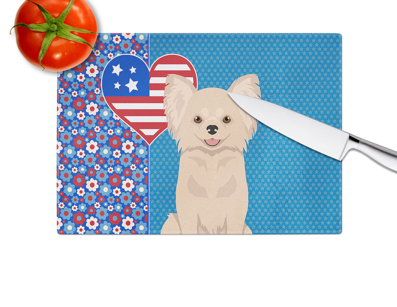 Longhaired Cream Chihuahua USA American Glass Cutting Board Large - the-store.com
