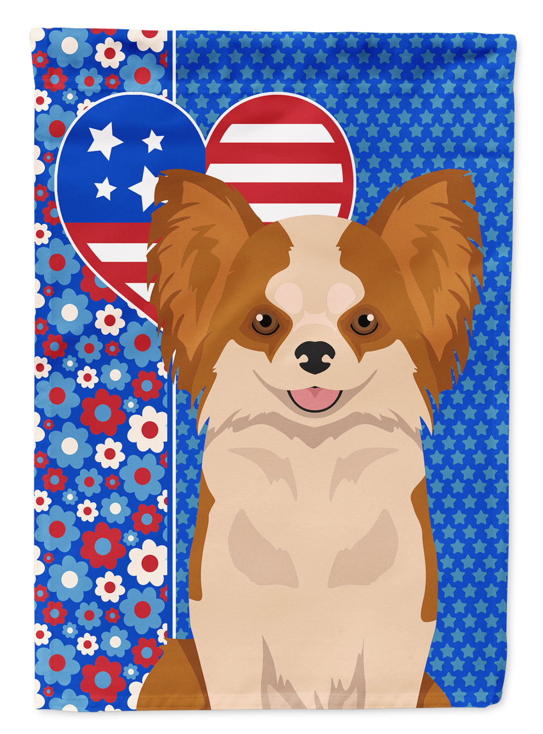 Longhaired Red and White Chihuahua USA American Flag Garden Size  the-store.com.