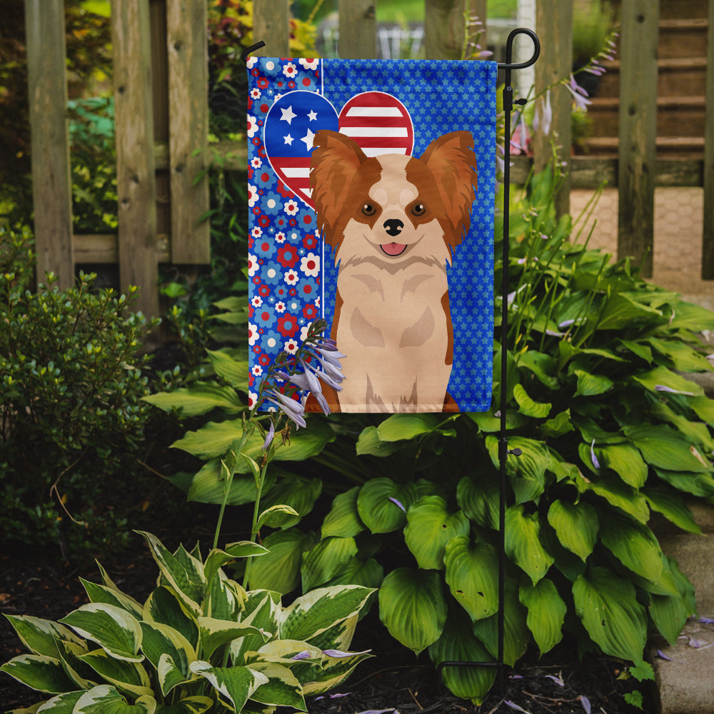 Longhaired Red and White Chihuahua USA American Flag Garden Size  the-store.com.