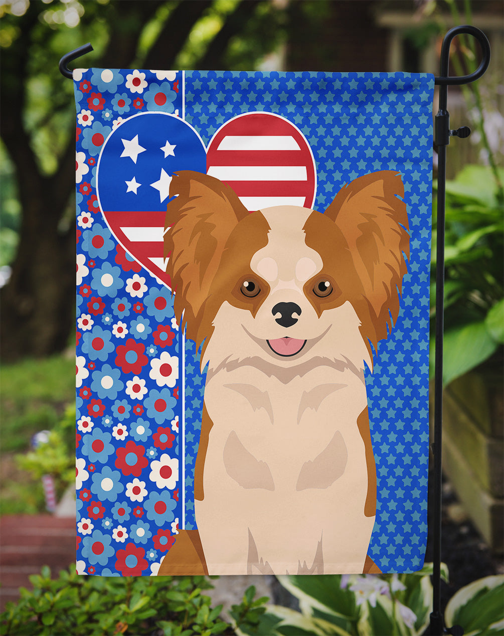 Longhaired Red and White Chihuahua USA American Flag Garden Size