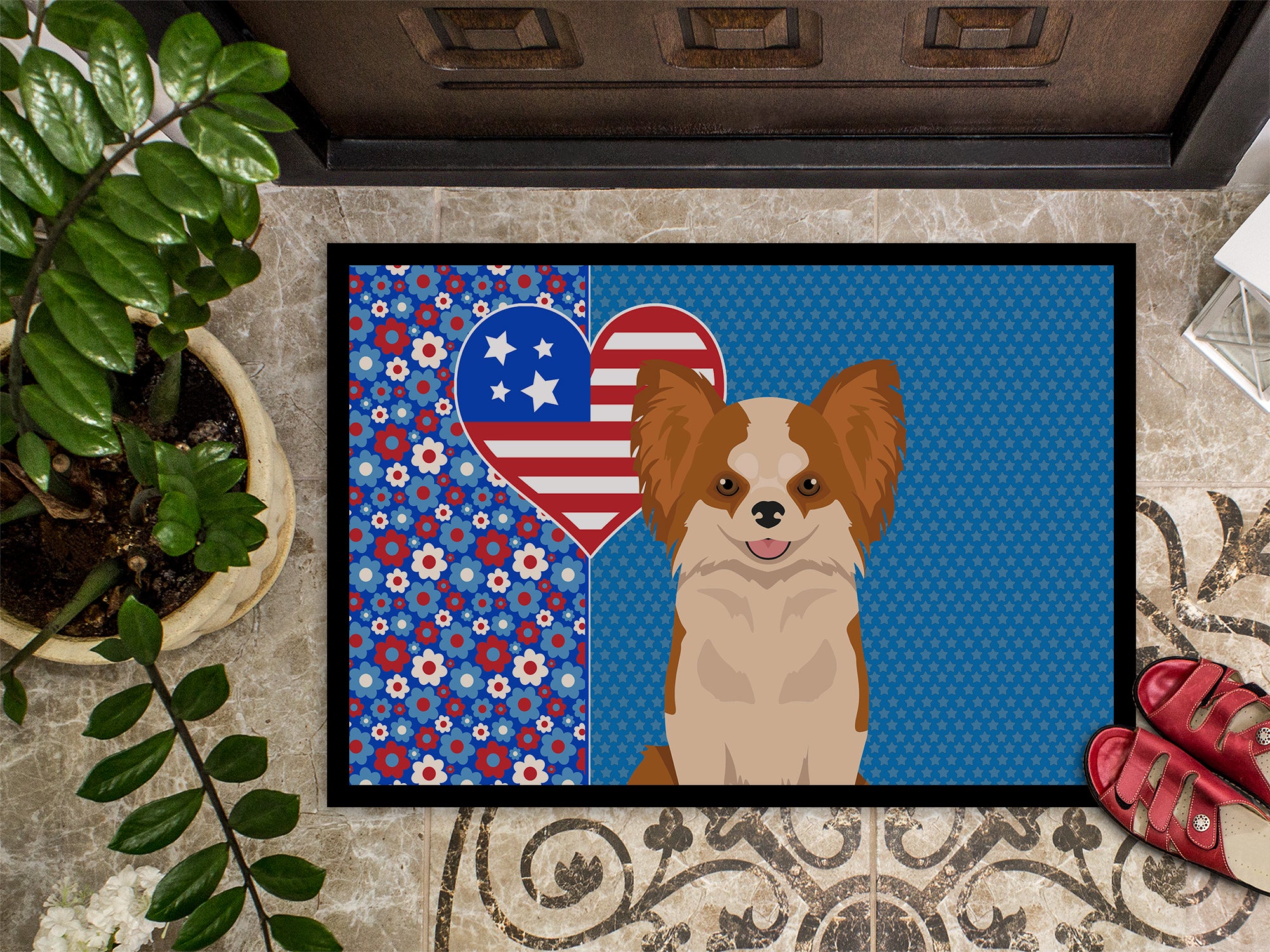 Longhaired Red and White Chihuahua USA American Indoor or Outdoor Mat 24x36 - the-store.com