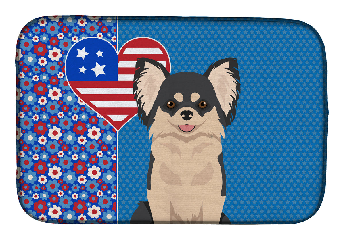 Longhaired Black and White Chihuahua USA American Dish Drying Mat