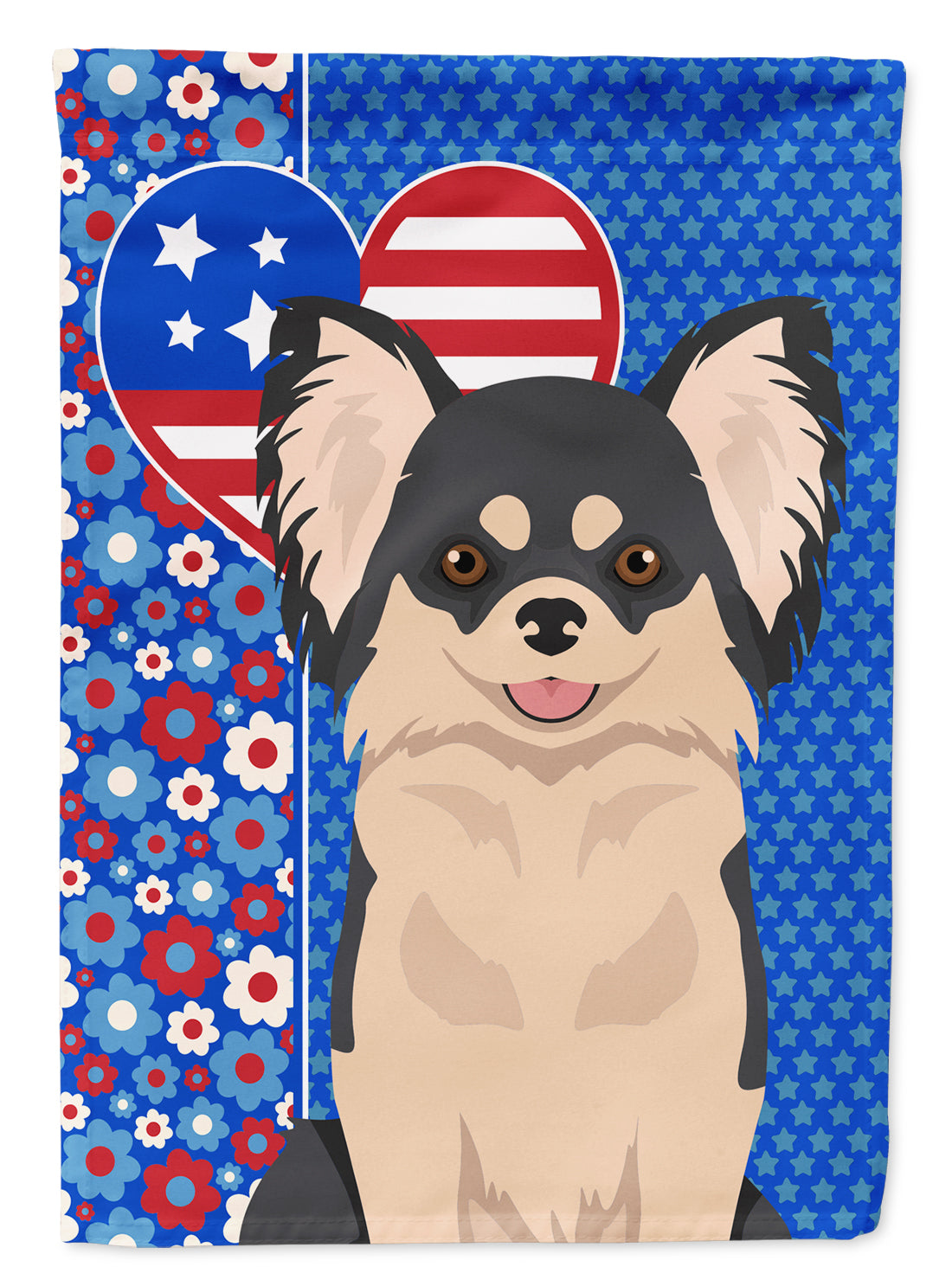 Longhaired Black and White Chihuahua USA American Flag Garden Size